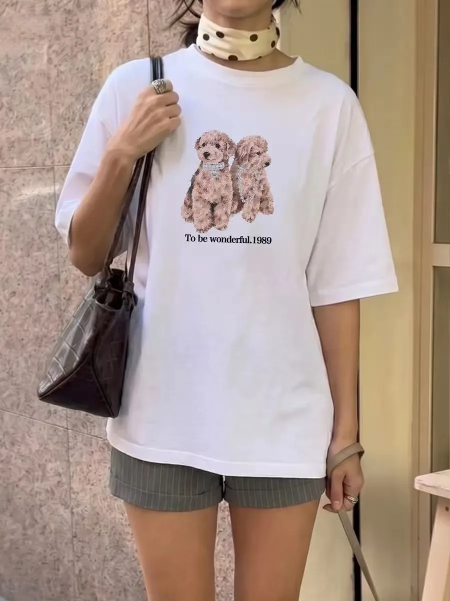 100% Cotton White Cute Puppy “to Be Wonderful 1989” Casual 90s Ins Streetwear Tshirts Woman Short Sleeve Casual T-shirt Summer