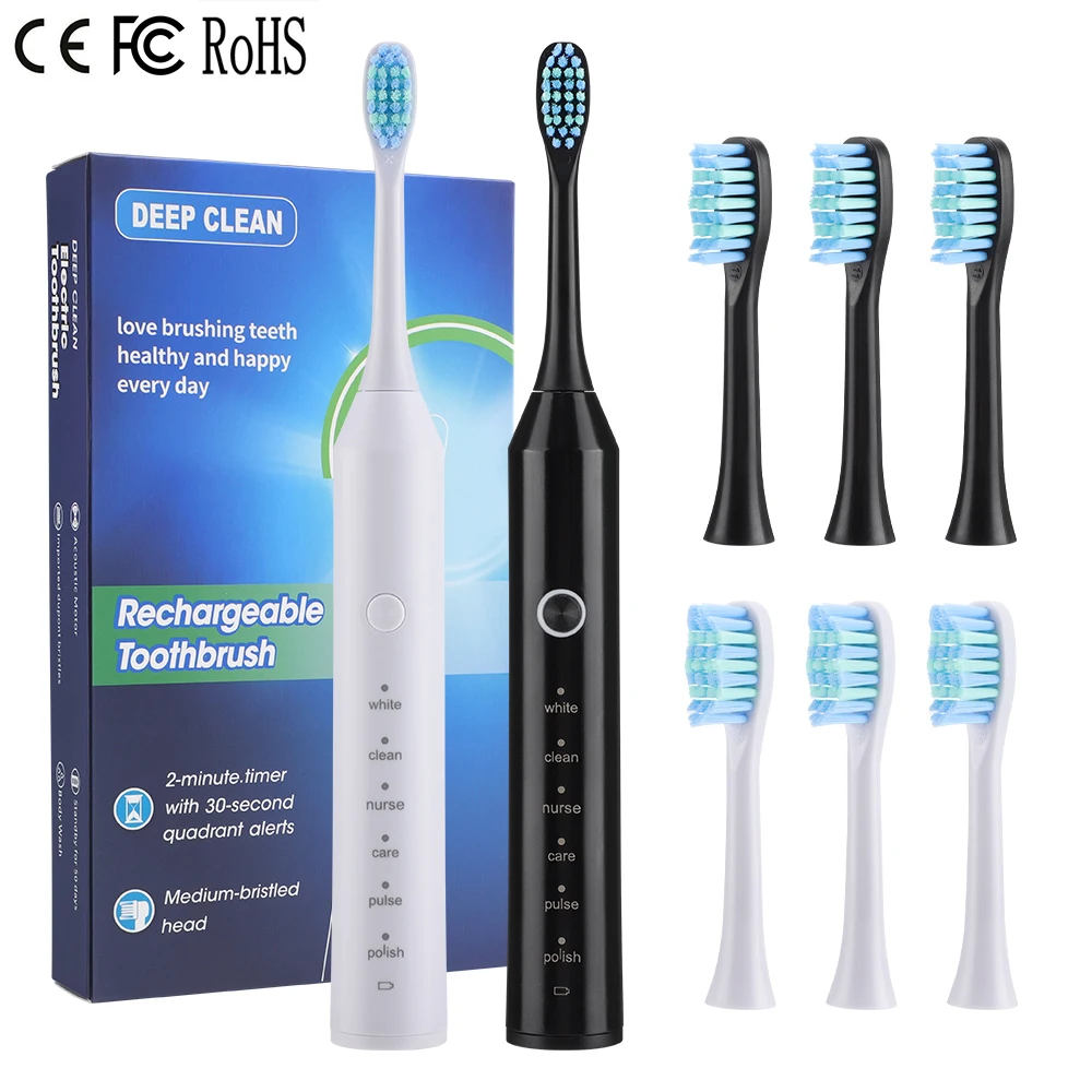 

Звуковая электрическая зубная щетка для взрослых IPX67 Водонепроницаемая 2-минутная интеллектуальная зубная щетка Перезаряжаемая высокочастотная чистка 6 режимов чистки