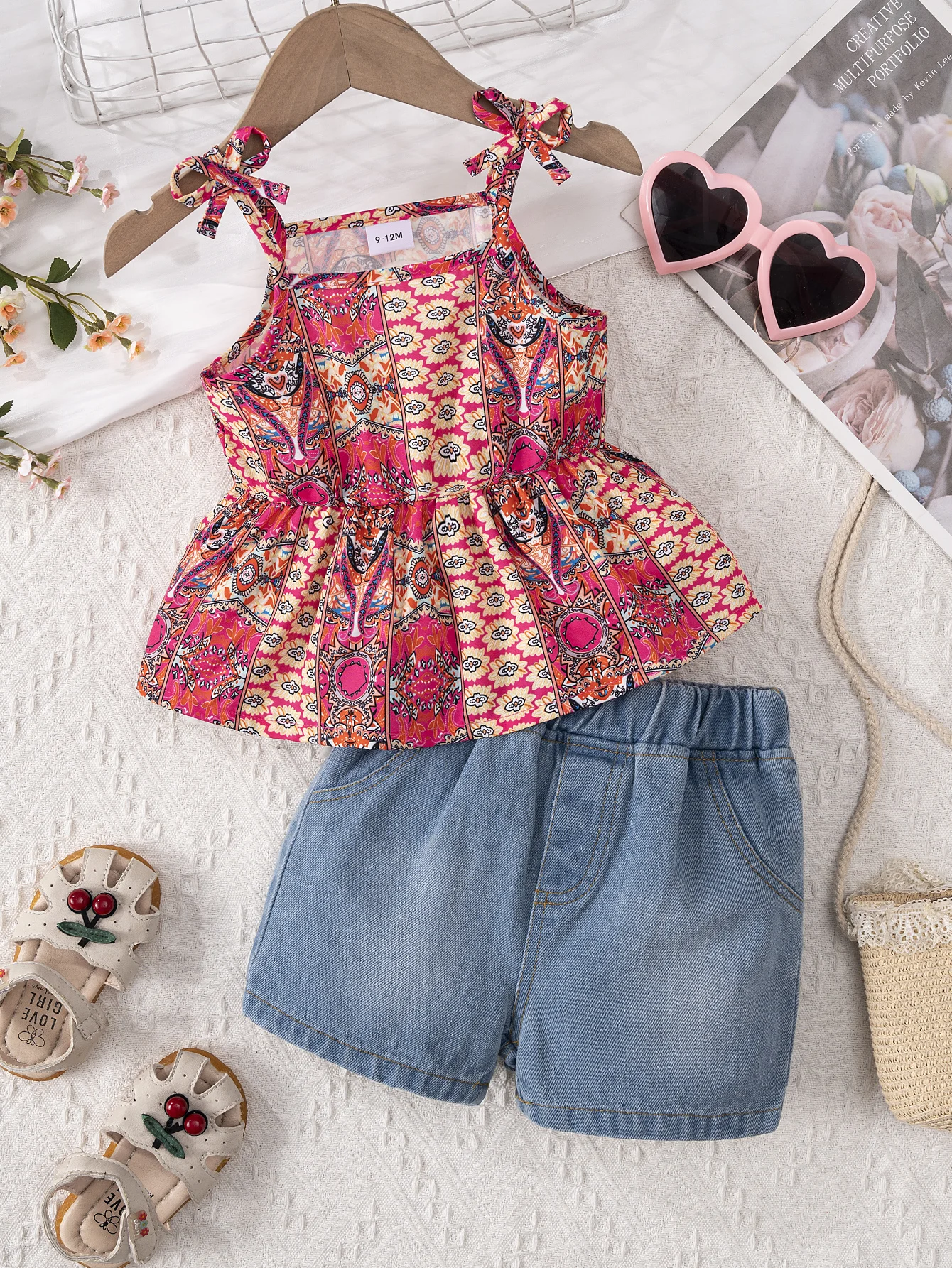 2PCS Summer Girls Set With Hanging Strap Element Pattern Fluffy Top Casual Denim Shorts Fashionable Infant and Child