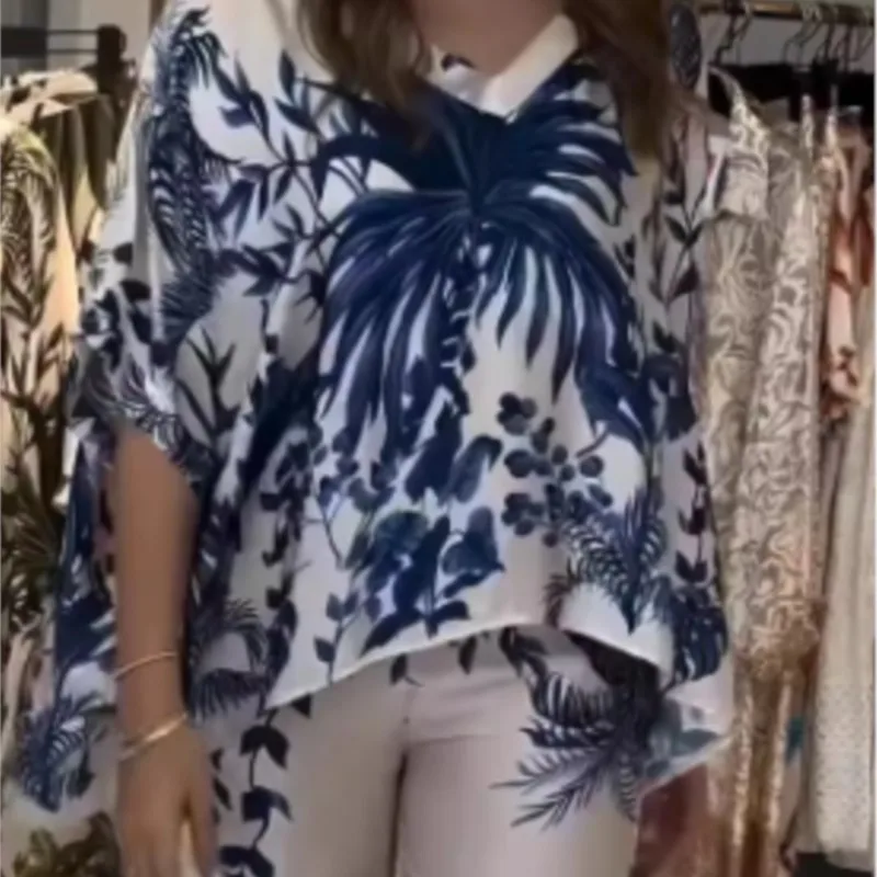 2 Pcs/Set Blouse Pants Set Short Sleeves Floral Print Dolman Sleeve Wide Leg Loose Elastic Waist Trousers Casual Outfit Woman
