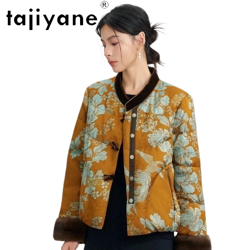 TAJIYANE Goose Down Coats Women Elegant Jacquard Coat Short Stand-Collar Puffer Jacket with Mink Fur Cuffs 2025 Winter Clothes패딩