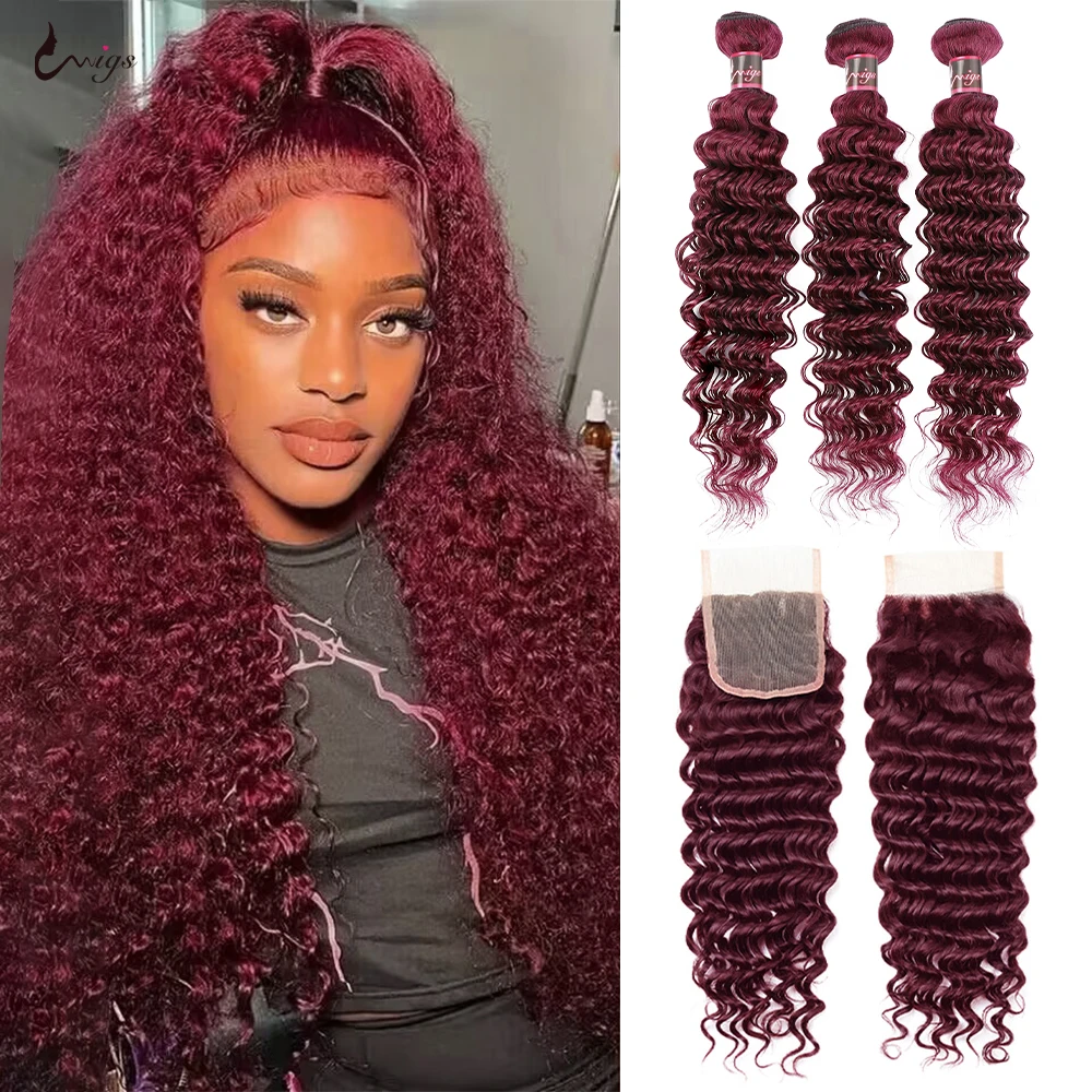 Extensiones de cabello humano brasileño para mujer, mechones de ondas profundas con cierre, color rojo borgoña, 99J