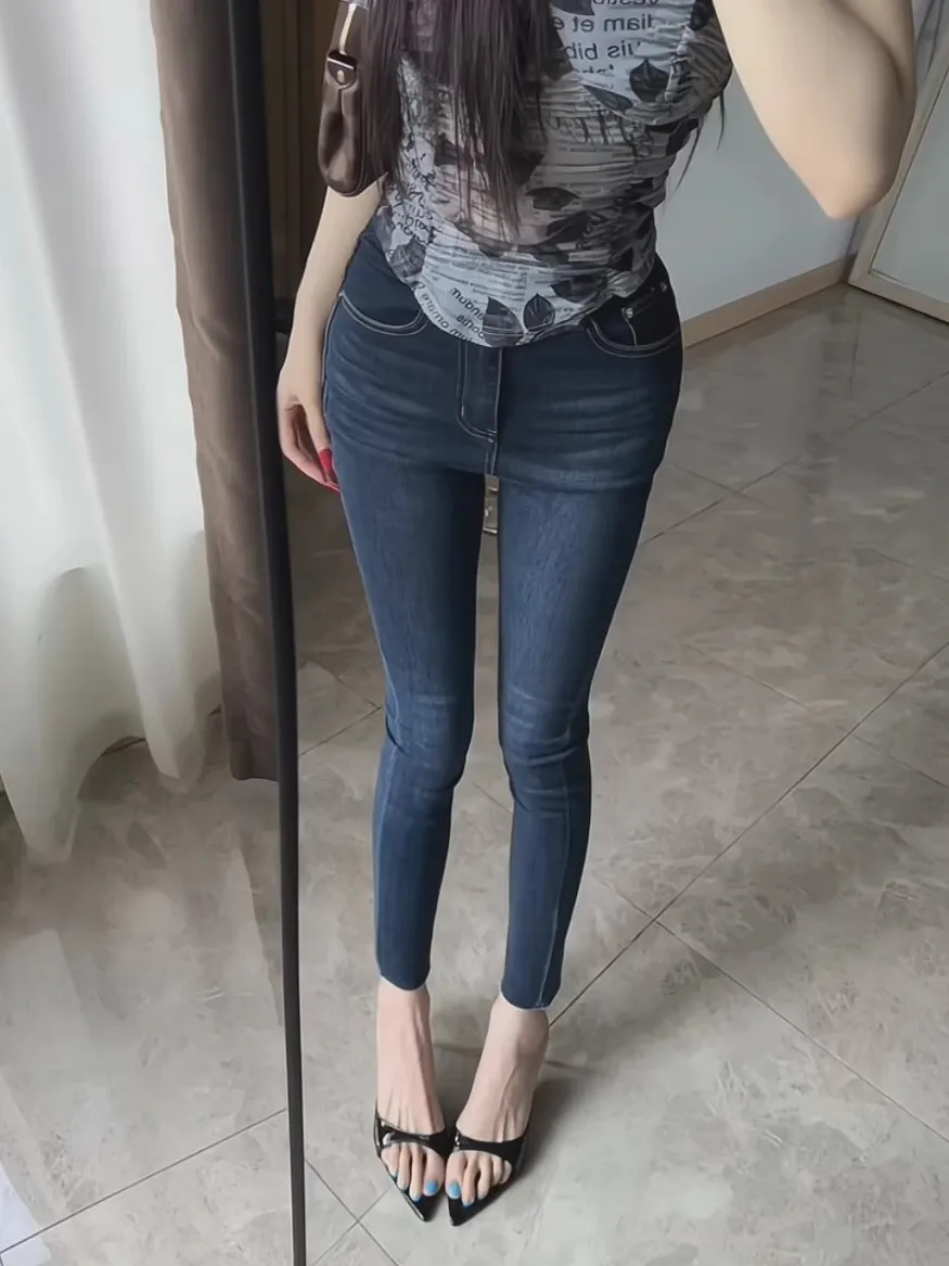 

High Waist Skinny Jeans Deep Blue Fene Sle Cotton Stretch Denim Pencil Nine Points Pants Autumn New Arrival Women's Fas...