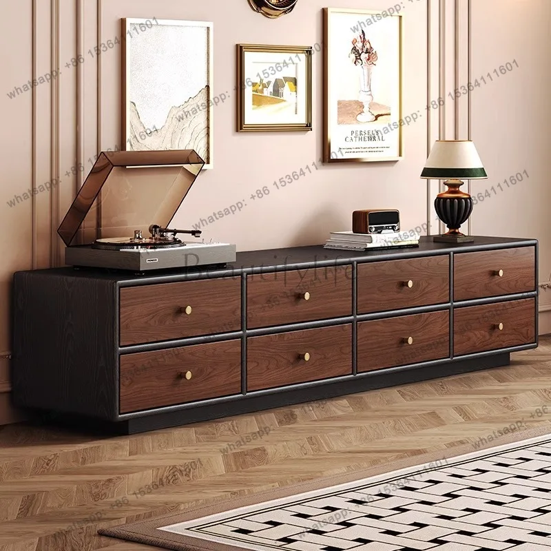 

French retro ash wood TV cabinet large storage living room high-end coffee table TV cabinet