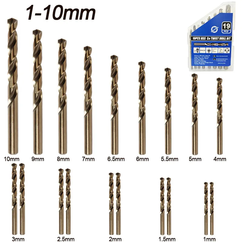 

Набор сверл из кобальта, 19 шт., 1-10 мм, высокоскоростные стальные биты M35 для закаленного металла, нержавеющей стали, чугуна и деревянного пластика