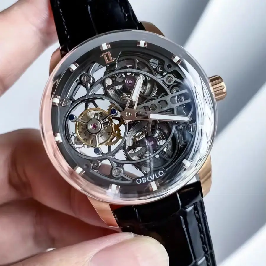 OBLVLO Men Tourbillon Watch Luxury 42mm Manual Winding Mechanical Wristwatch Waterproof Sapphire Mirror Luminous Skeleton Dial