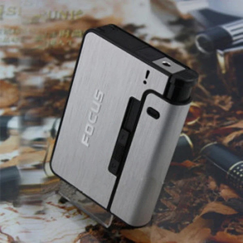 FOCUS Portable Metal Cigarette Boxes With Kerosene Oil Lighter 10pcs Cigarette Holder Case Lighter Gadget For Men Christmas Gift