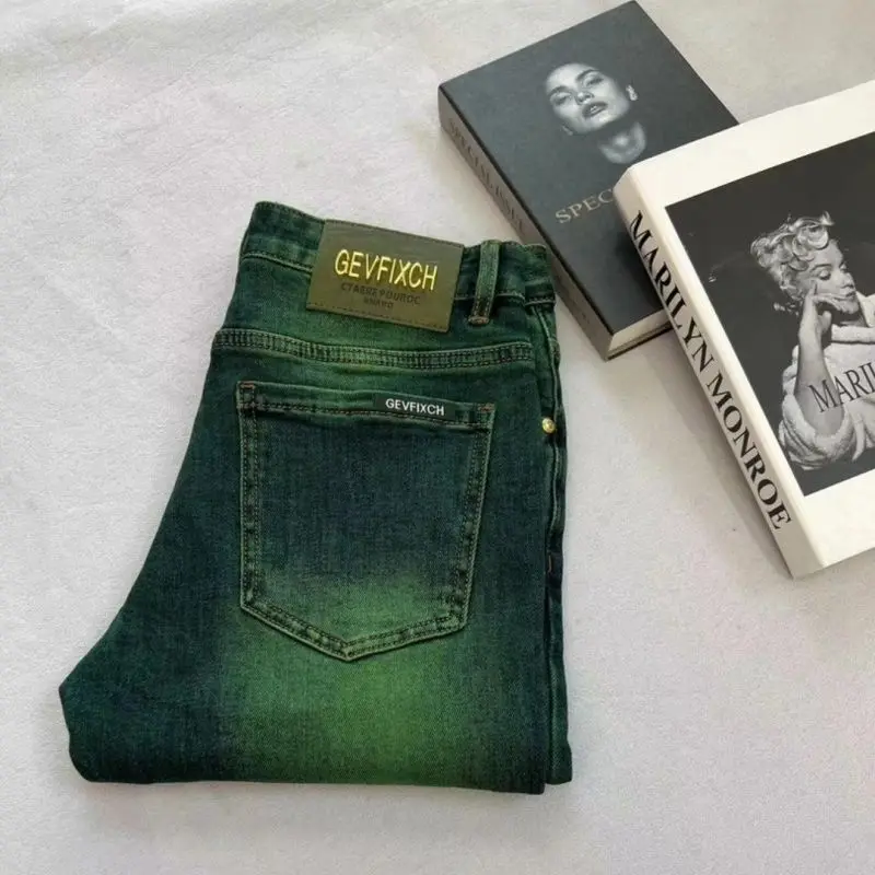 Spring Summer New Retro Green Men's Jeans Slim Fit Elastic Versatile Fashionable Trendy Long Pants Youth Casual Wear