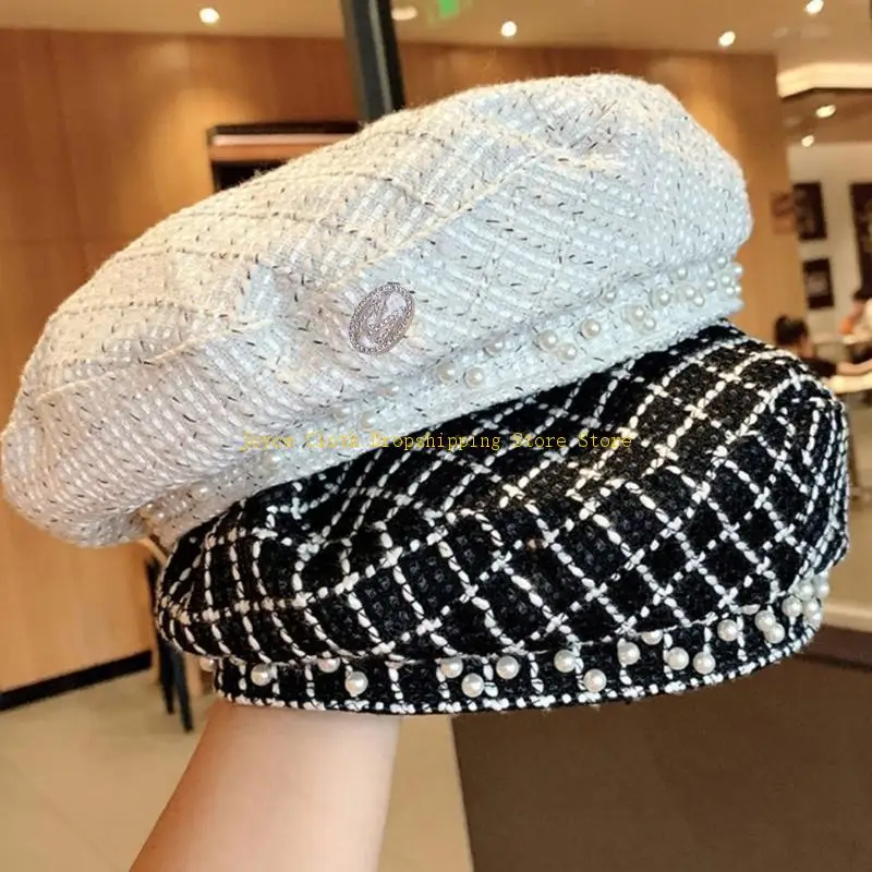 أنيقة تويد قبعة اللؤلؤ مثمنة قبعة الفنان قبعة السنة الجديدة هدية لصديقة 10CD