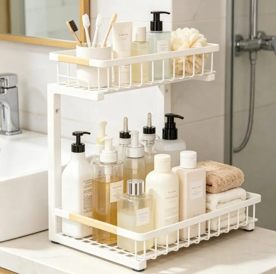 Garvee 2 Tier White/Black Under Sink Organizer Pull Out Sliding Drawer Fixed Metal Storage Rack for Kitchen Bathroom, Cleaning & Spice Organizer