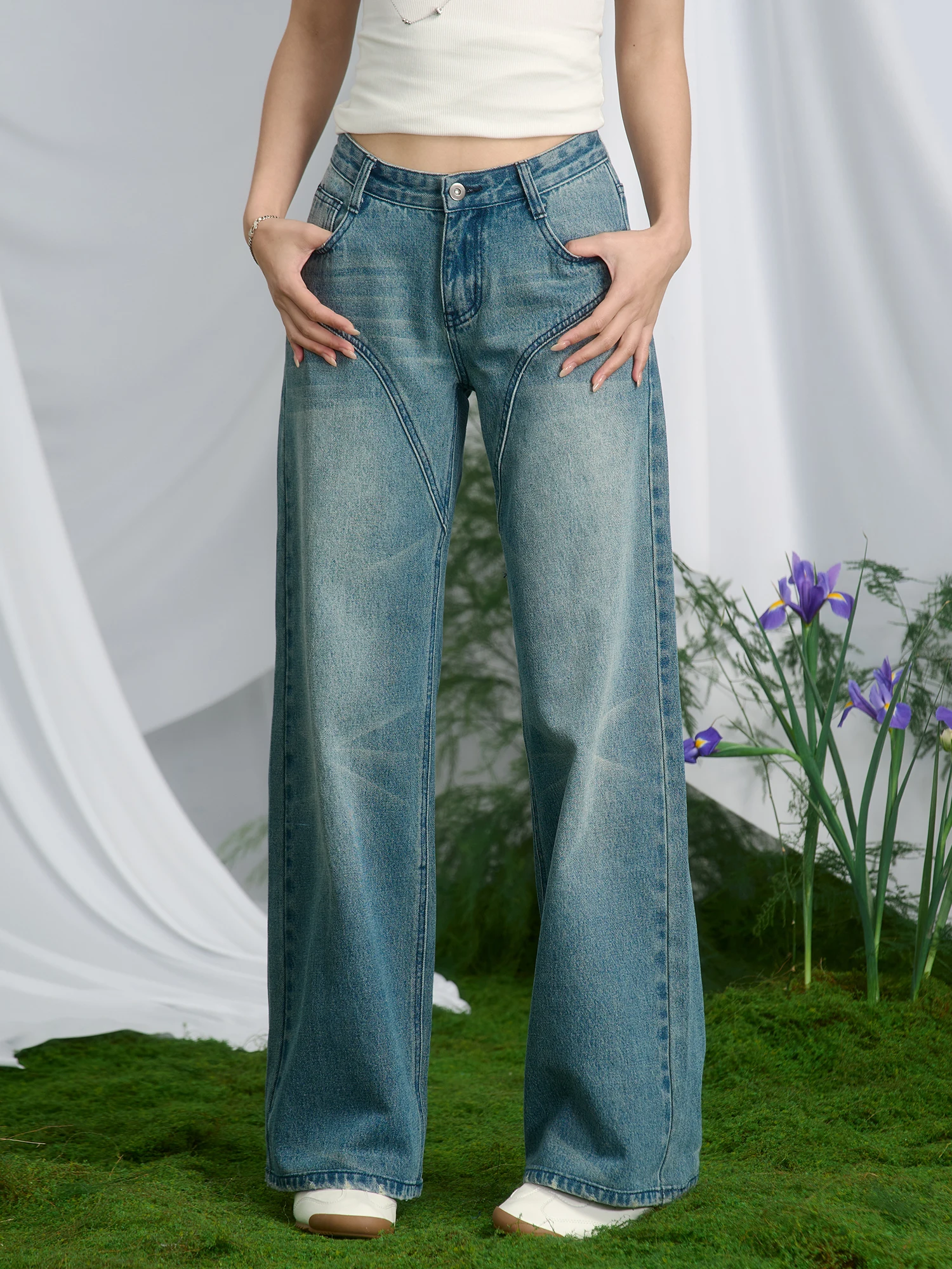 

Широкие джинсовые джинсы в стиле ретро, женские свободные прямые микро-расклешенные утягивающие американские длинные брюки, весна-лето, повседневные хлопковые брюки