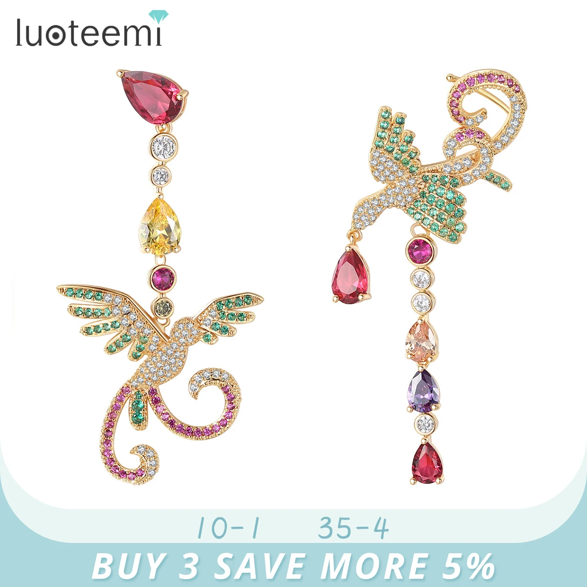 

LUOTEEMI Asymmetric Luxury Designer Phoenix Drop Dangle Earring for Women Gift pendientes mujer Vintage Rainbow Bird Accessories