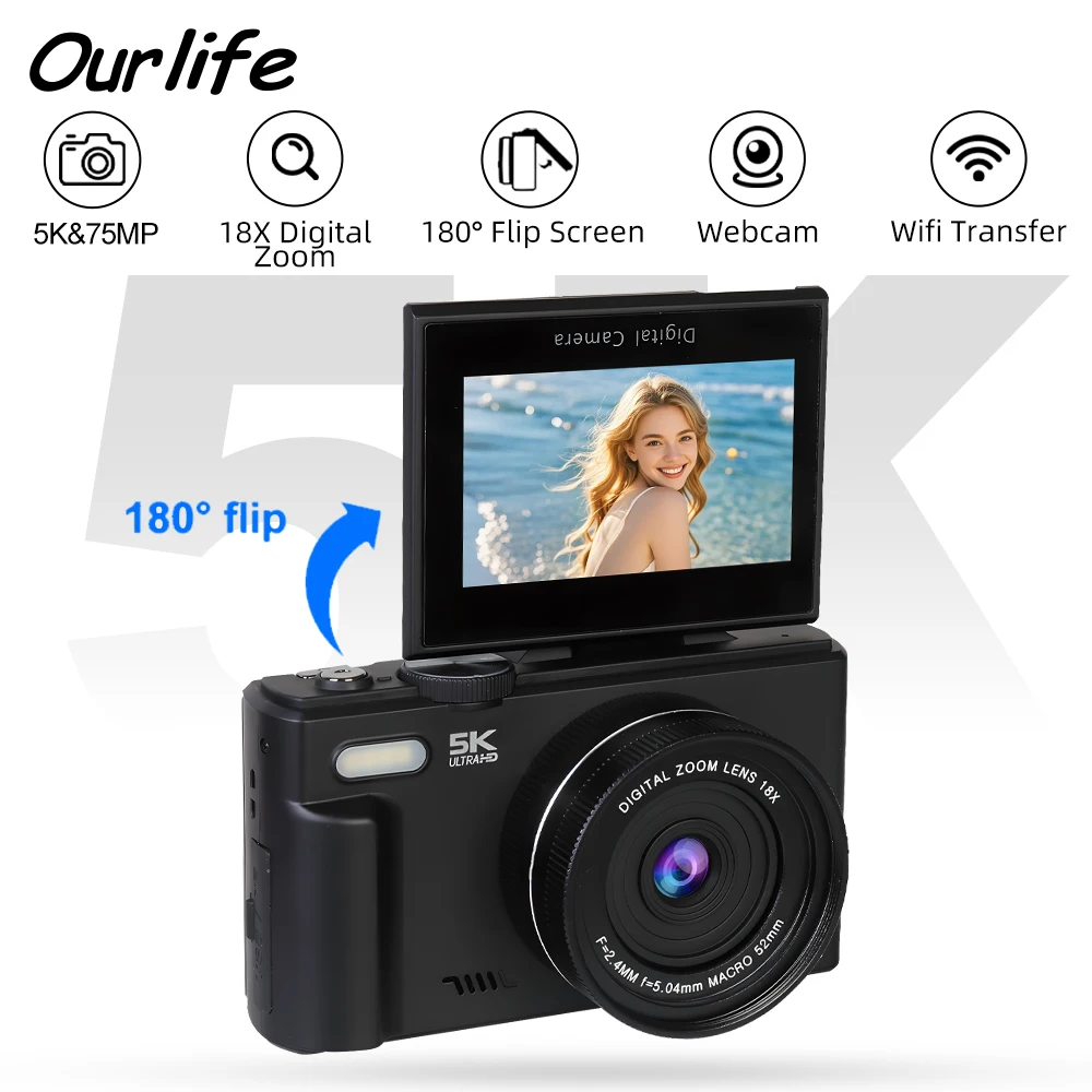 Ourlife AC600 Pro Appareil photo de photographie numérique compact 5K Zoom numérique 18X 75MP 180 °   Enregistreur vidéo Vlog vintage WIFI à écran rabattable