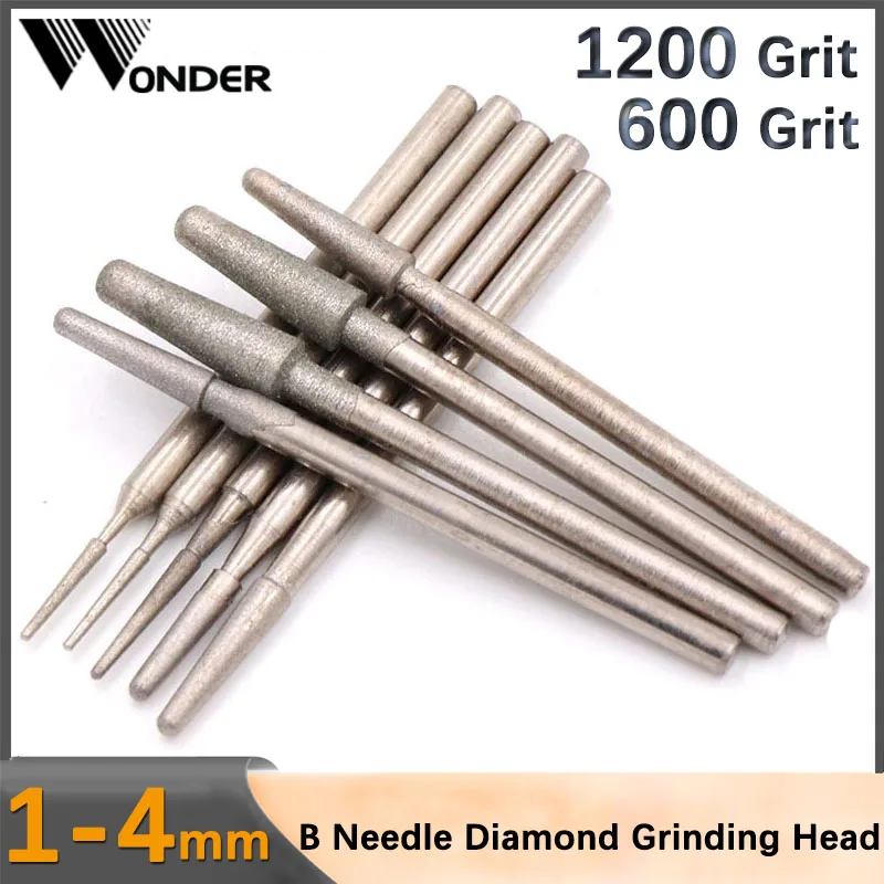 

600/1200 Grit Diamond Grinding Head Rotary Drill Bits Burrs Metal Stone Jade Engraving Carving Tools B Needle Head Dia 1-4mm