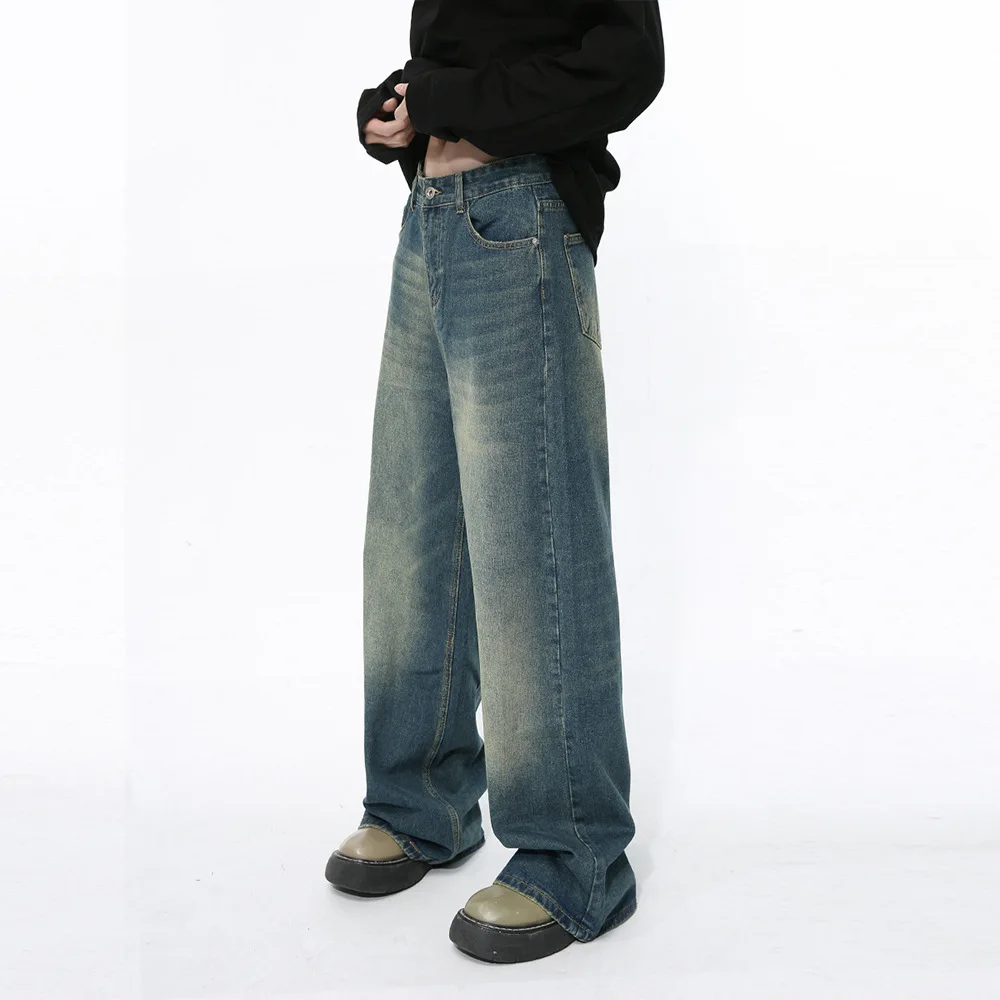 Man Jeans 2026 Men Washed Vintage Blue Denim Pants Straight Wide Leg Jeans Vibe Design Casual Fashion Denim Pants