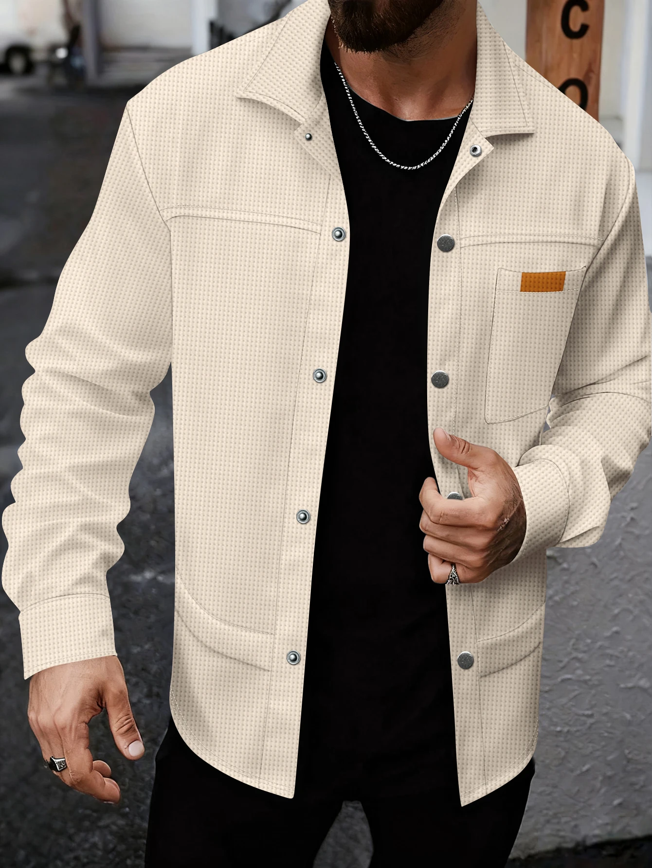 Herren Waffelstrick-Hemd-Jacken-Set - Langärmliges Casual 2-Teiliges Outfit mit Kontrasttasche für Frühling und Herbst