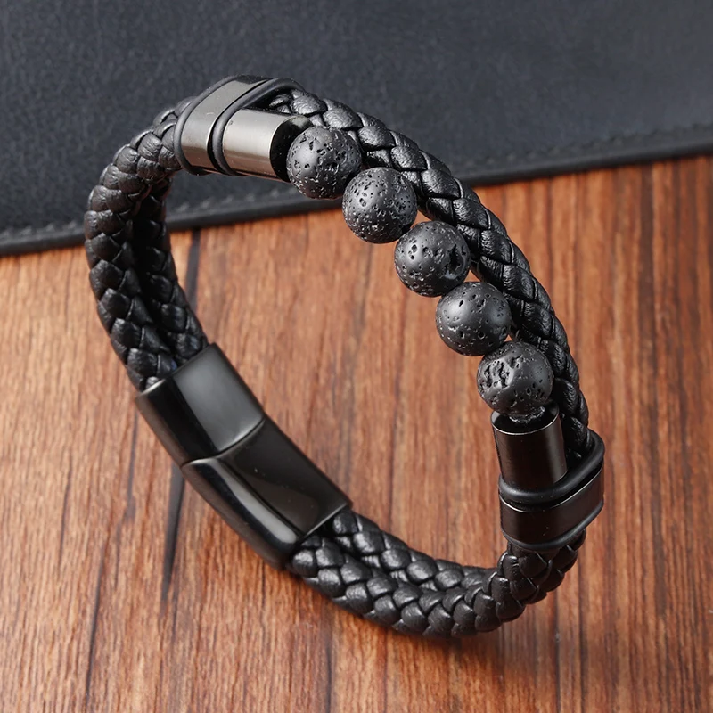 Men\'s Beaded Leather Bracelet Natural Stone Black Beads Multilayer Rope Stainless Steel Magnetic Clasp Wristband Male Jewelry