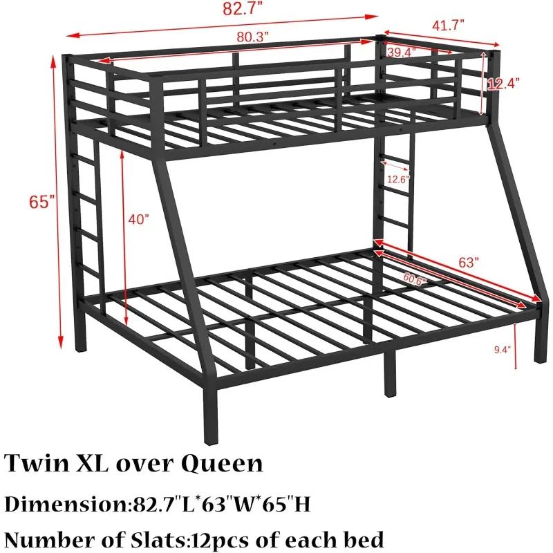 Litera doble XL sobre tamaño Queen de metal para niños, litera resistente con 2 escaleras, litera que ahorra espacio