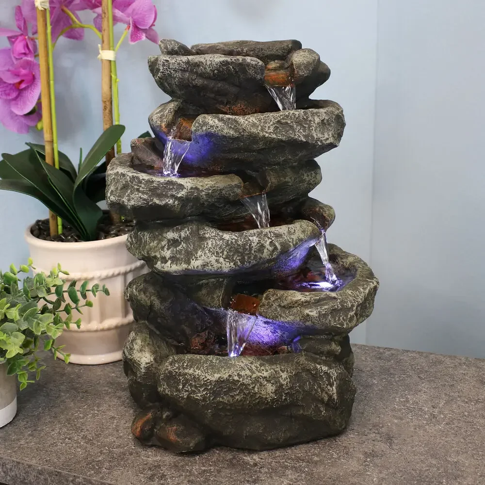 Air Mancur Dalam Ruangan 6 Tingkat Stone Falls Polyresin dengan LED - 15 inci