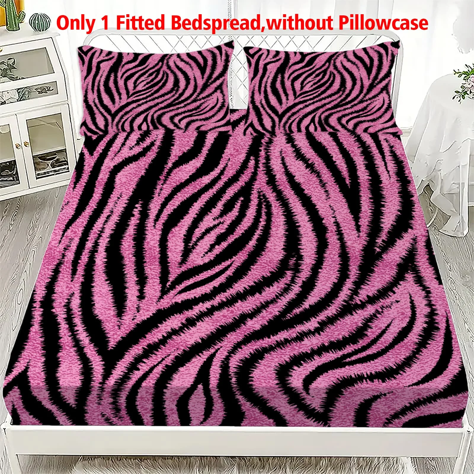 1pc Pink Zebra Stripes Print Fitted Sheet Deep Pocket Elastic Mattress Cover Single Double Queen King Bedroom Decor