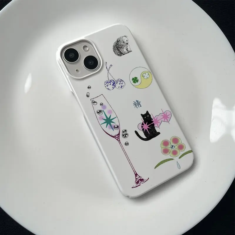 Korean Cute Graffiti Wine Glass Cat Phone Case for IPhone 14 11 12 13 Pro Max Cute Cartoon Retro Phone Case for IPhone XR XS MAX