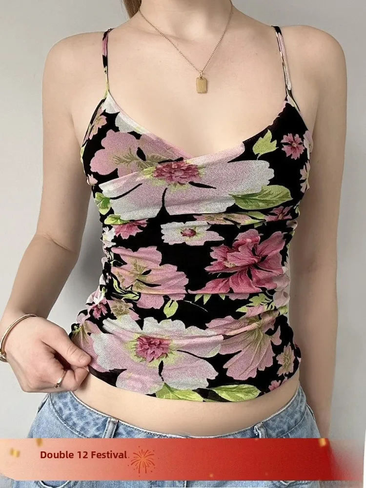 Amyway Vintage Floral Print ter Ne Svel Low Cut Women's Top Sexy Retro Sle Casual Wear Polyester Spandex Blend