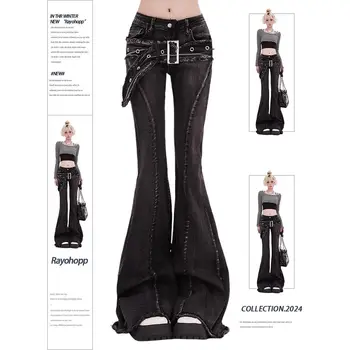 Vintage Slim Micro-flare Jeans Women Ins Fashionable Splicing Belt Edge Y2K Pants High Waist Straight American Street Trousers