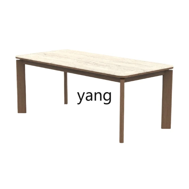 

LMM French retro travertine rock slab dining table simple wabi sabi home living room solid wood table and chair combination
