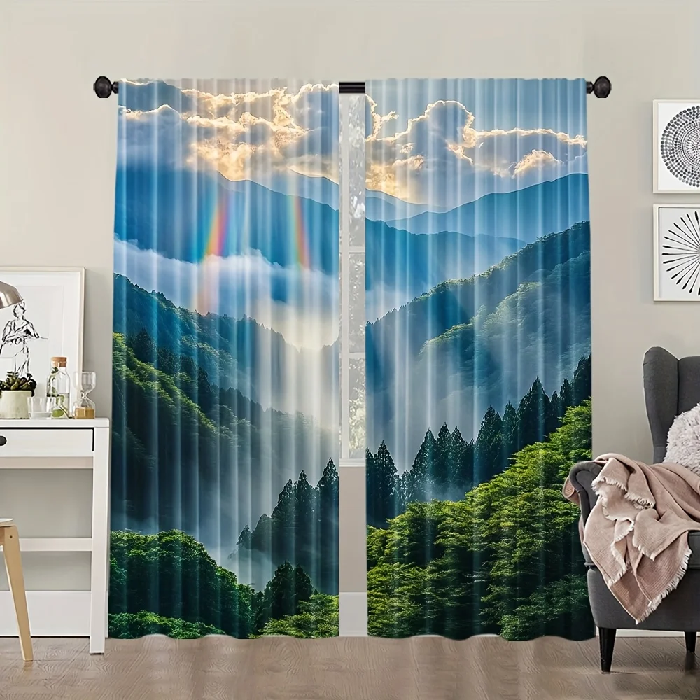 Forest and misty cloud curtains, pole-mounted installation. Suitable for living rooms, bedrooms, dining rooms, and hotels.