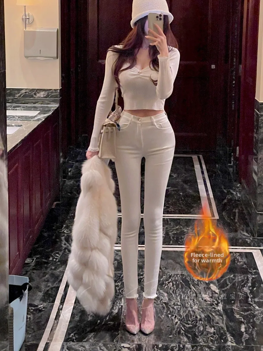 

Белые женские джинсы с высокой талией, облегающие, из высокоэластичного хлопкового денима, сексуальные, универсальные, с эффектом пуш-ап, осенняя мода