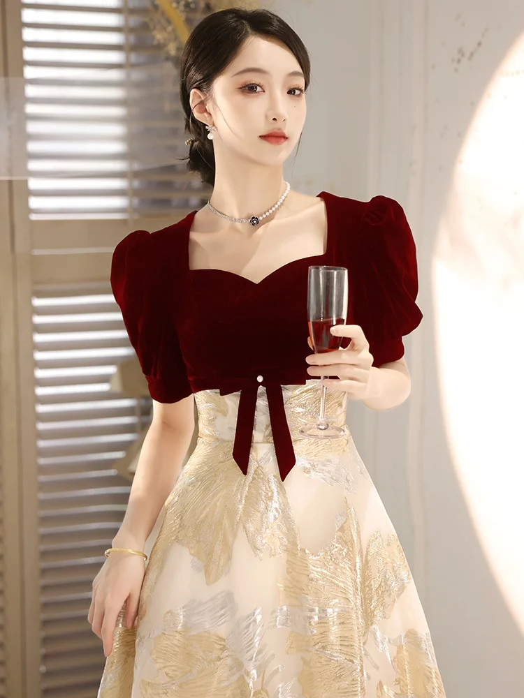 

Red Long V-Ne Wedding Dr Slimming Evening Gown for Bride New 2025 Sle Korean Sle mid Waist ort Sve KTV Par We...