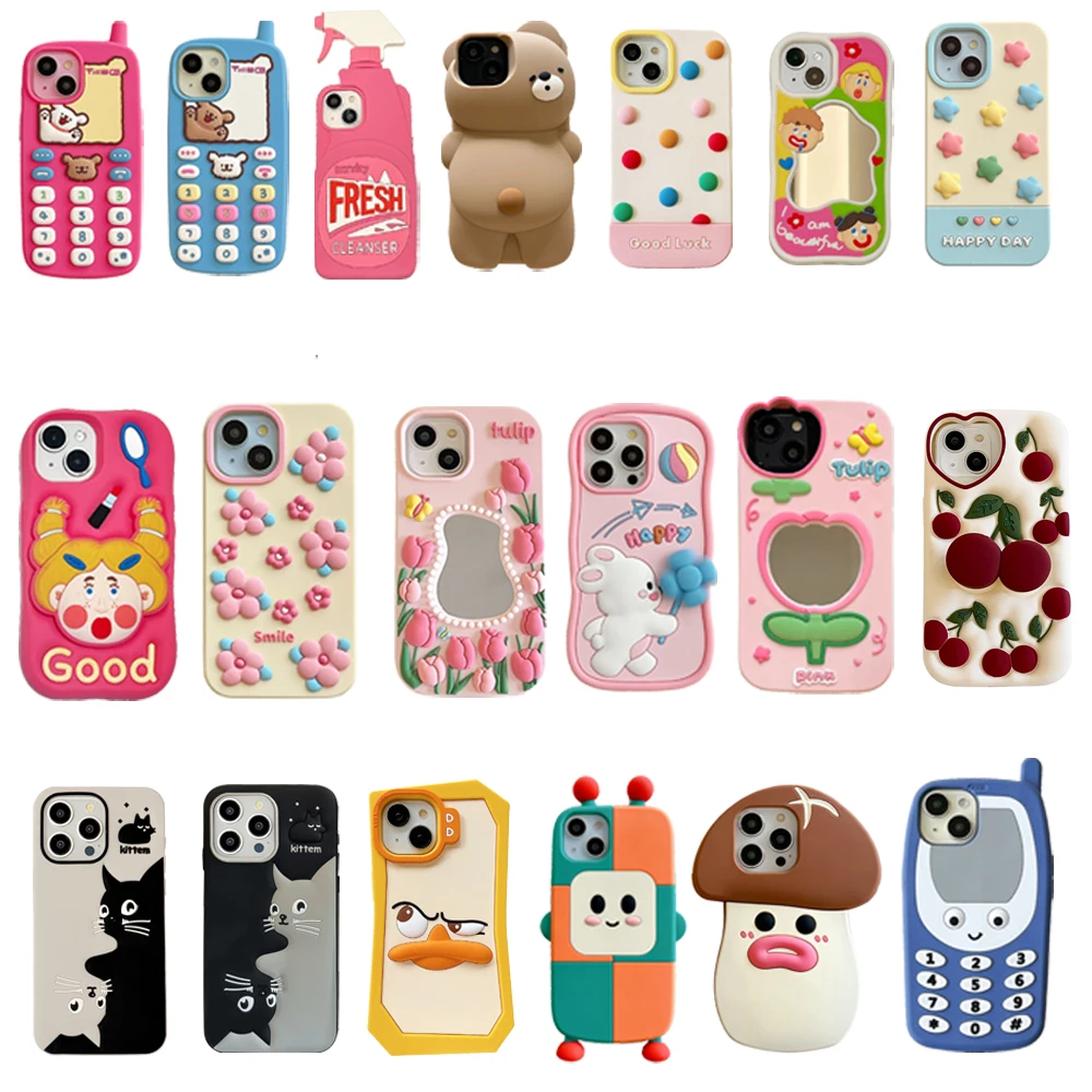 

New 3D Cute Cartoon Phone Case For iPhone 11,12, 13, 14, 15 Promax, Soft Silicone Case, Back Cover, Shockproof, Animal, Flower