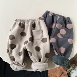 2024 New Winter Children Dot Print Trousers Plus Velvet Thick Girls Harem Pants Baby Boys Fleece Casual Pants Kids Clothes