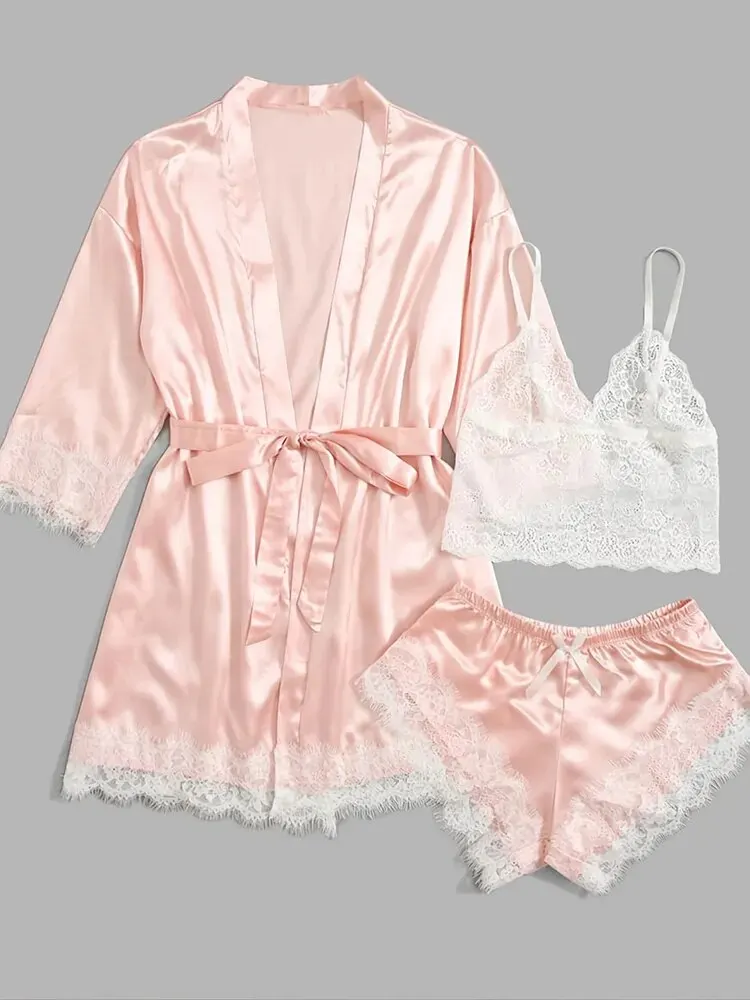 New Erotic Suit Lace Trimmed Solid Color Satin Pajama Set, Long Sleeve Short Robe + V-Neck Cami Top + Casual Shorts