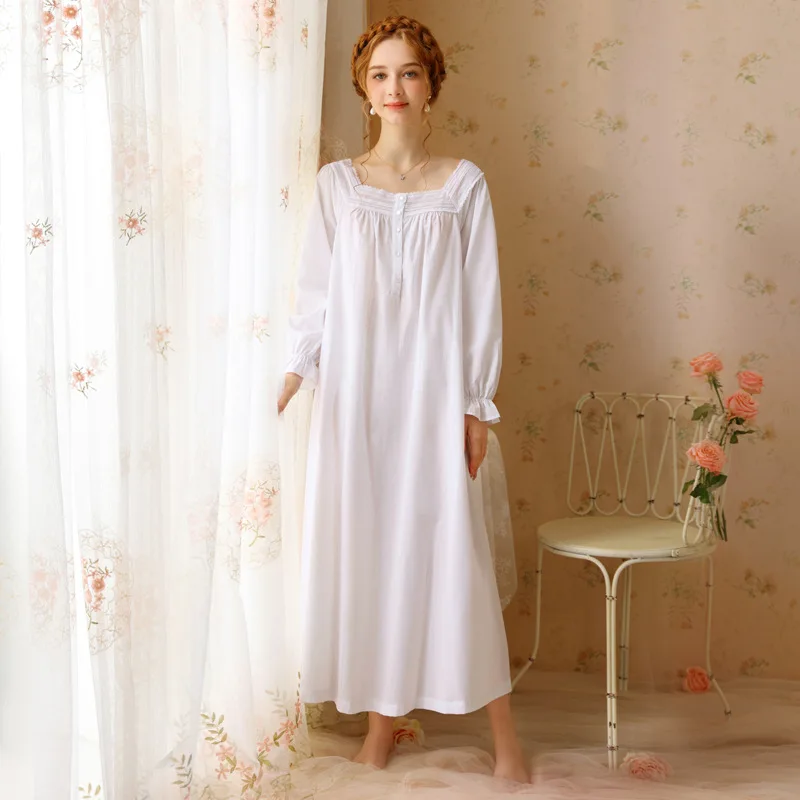 Women Large Size Cotton Nightdress French Lace Square Collar Full Sleeves Nightie Spring Long Ankle-Length Nightgowns Homedress