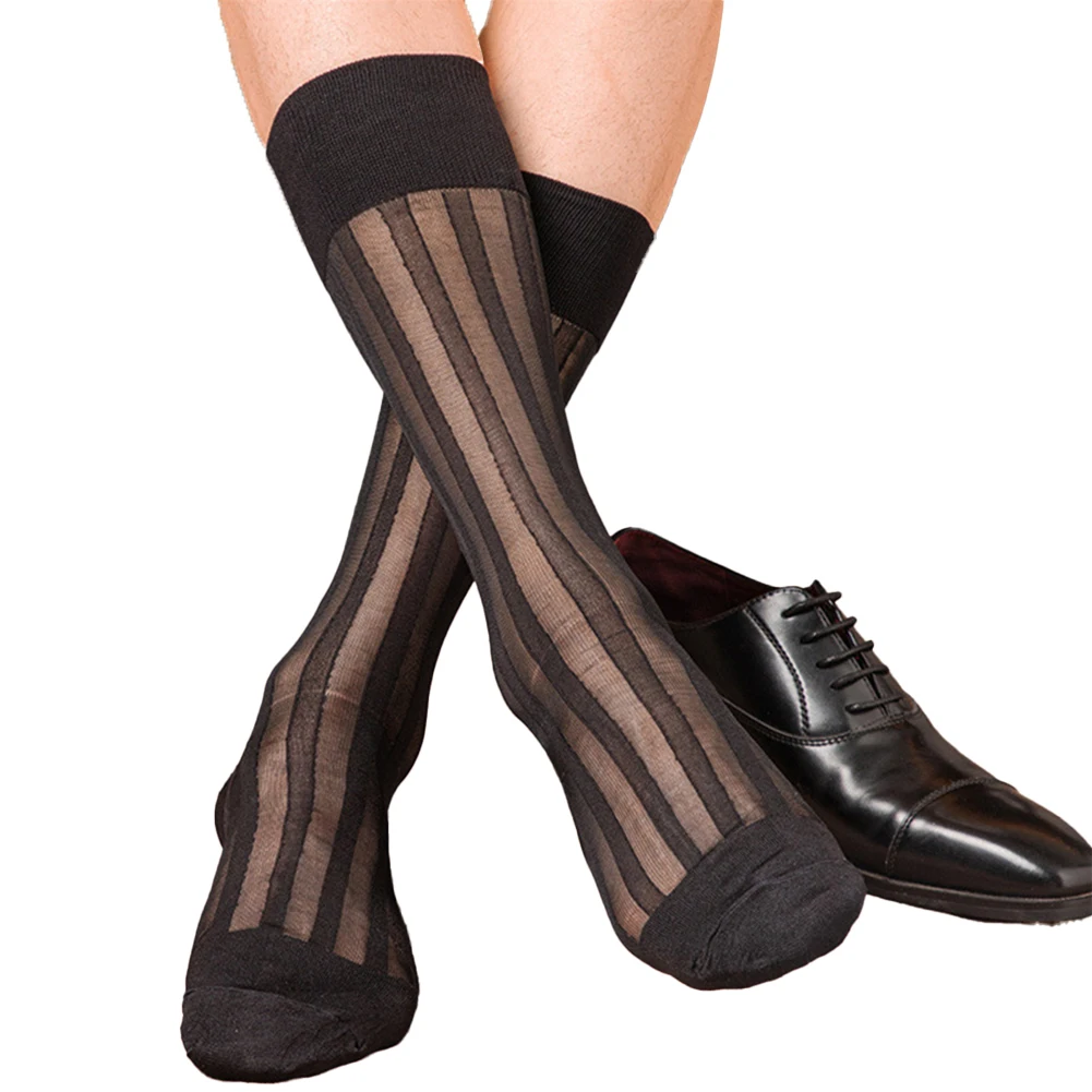 Male Business Dress Sheer Tube Socks Mens Sexy Stockings Striped Dress Socks See-Through Socks Formal Wear Nylon