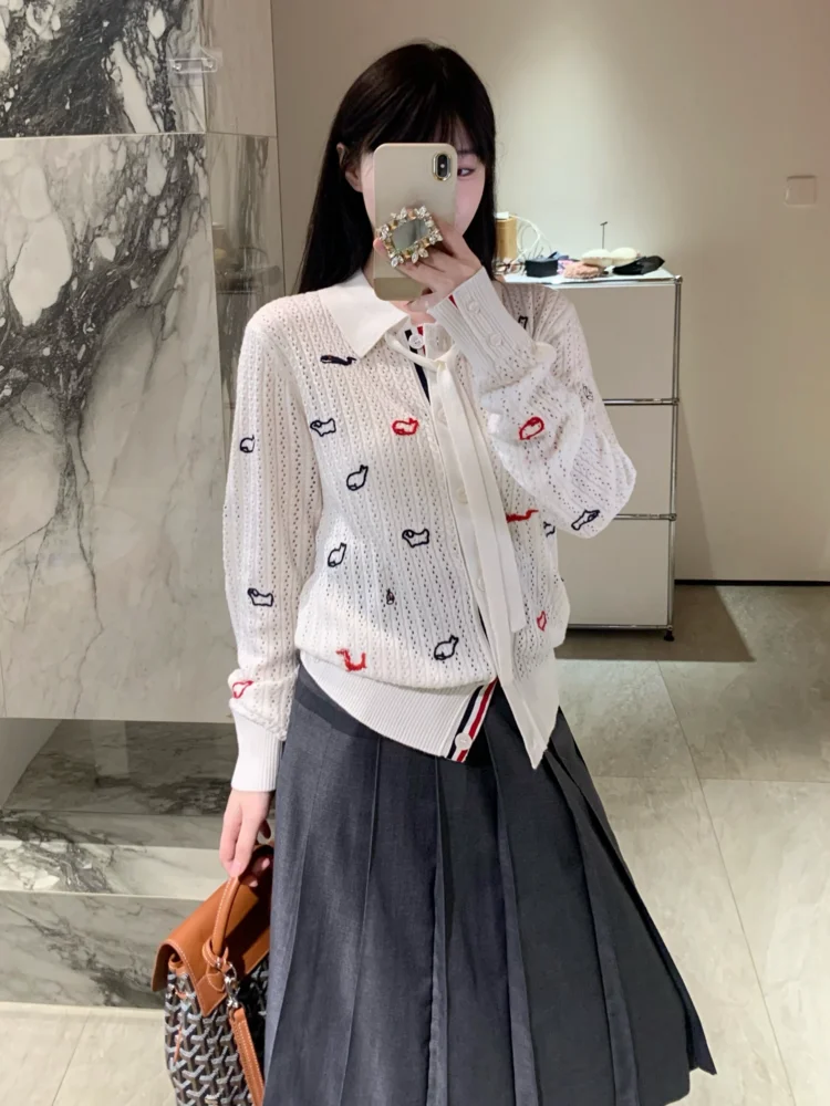 

Thom Birucro Knitted Long Sve Zoo Embroidery Cardigan Women's College Sle Spring Outerwear Sweet Sle Loose Fit Woolen