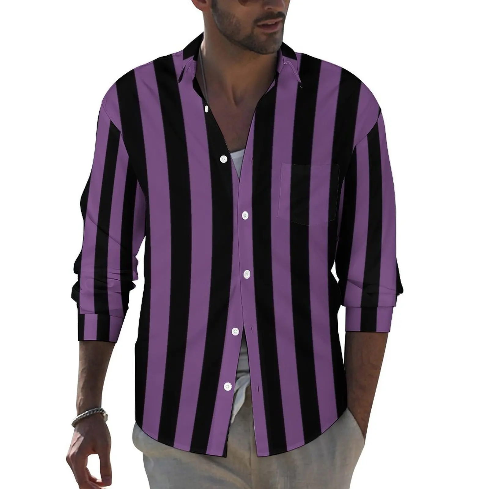 Black And Purple Line Casual Shirts Man Vertical Stripe Print Shirt Long Sleeve Vintage Y2K Blouses Spring Top Big Size 3XL 4XL