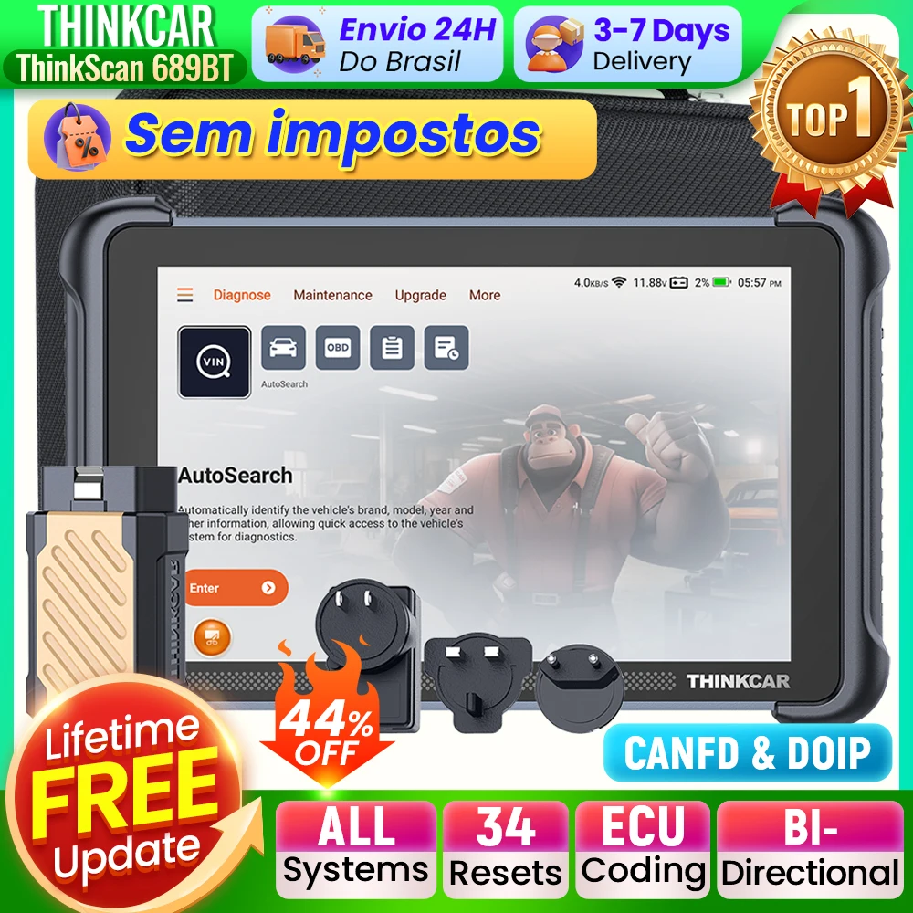 THINKCAR THINKSCAN 689BT Ferramenta de diagnóstico automotivo Scanner OBD2 bidirecional Codificação ECU CANFD DOIP FCA Autoauth 34 Reinicia todos os sistemas Atualização vitalícia gratuita