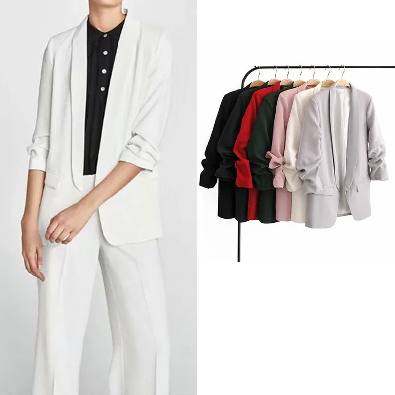 Korean Fashion Buttonless Blazer Suit Women Simple Deep V Neck Solid Colors Casual Office Blazer City Lady Work Mid Length Coats