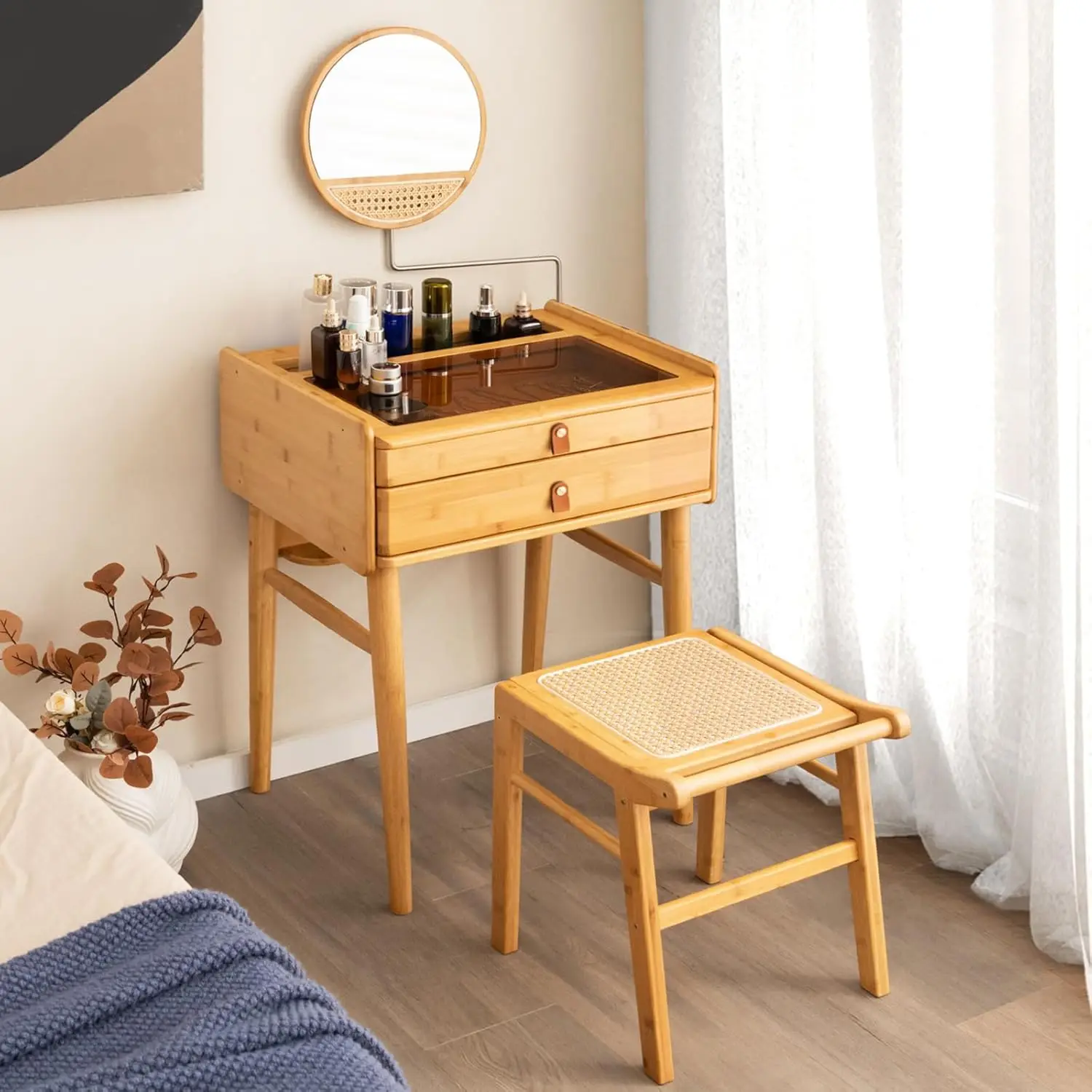 

Makeup Vanity Table with Stool, Bamboo Vanity Desk with Rotating Mirror, 2 Drawers, Deep Storage Alcove, Girls Dressing Table