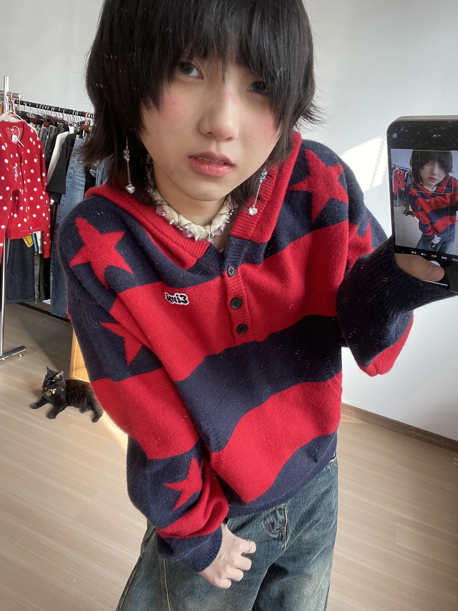 

American Retro Striped Hoodie Women's Lazy Color Blo College Sle Knitted Sweater Jaet Trendy adow Pl Ladies' Knit...