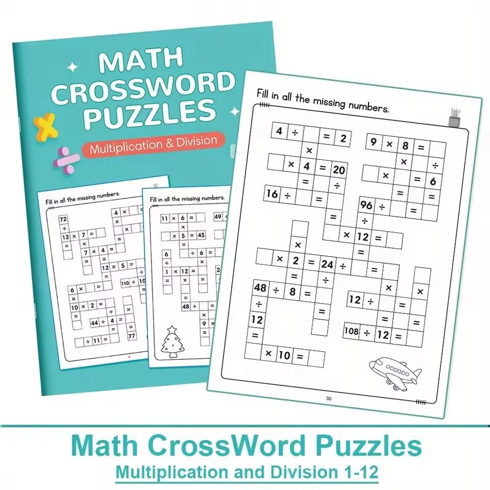 Image 3: Cahier d'exercices Montessori pour enfants sur les puzzles de mots croisés mathématiques 5-8, Addition, soustraction, multiplication, division