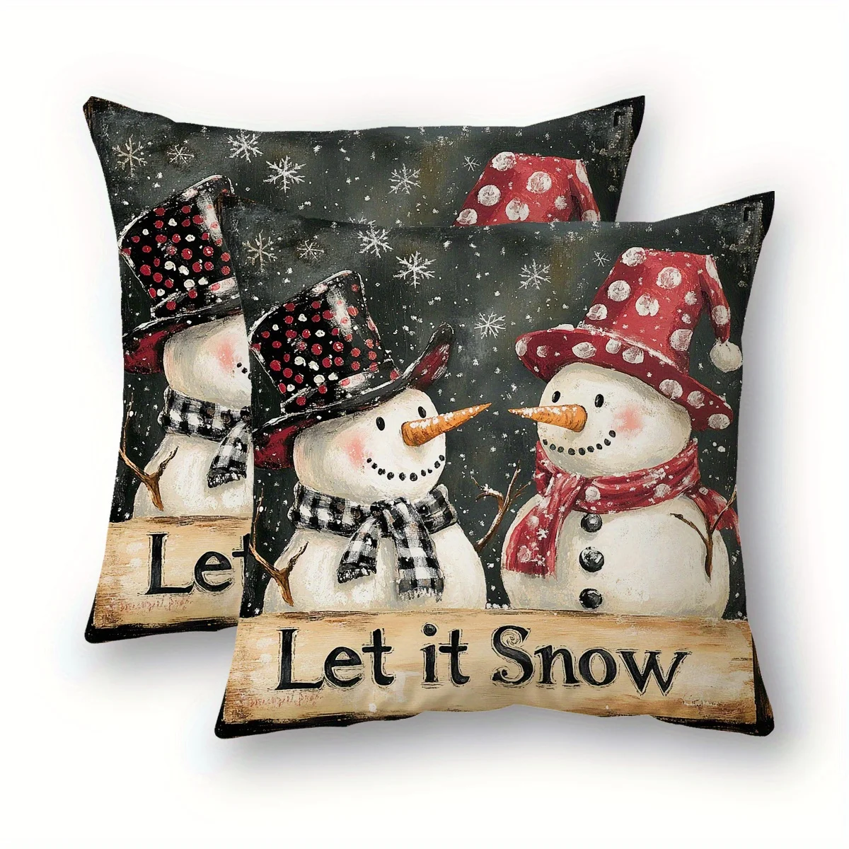 2pcs Vintage Christmas Snowman Design Throw Pillow Covers, Hand-Painted Style Polyester Fabric with Zipper Closure 18x18 In