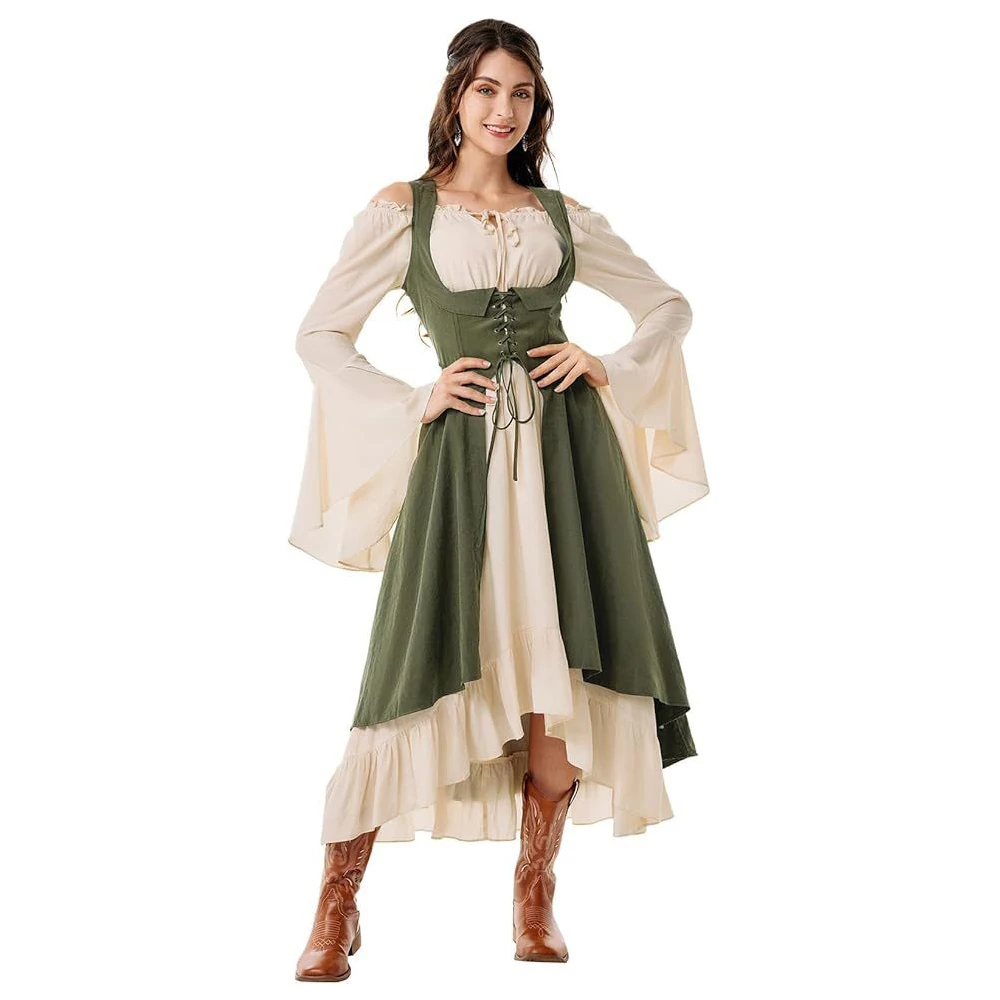 ملابس عصر النهضة النسائية، محيط الصدر، مزارع القراصنة، فستان عالي منخفض مع فم، طقم مكون من قطعتين