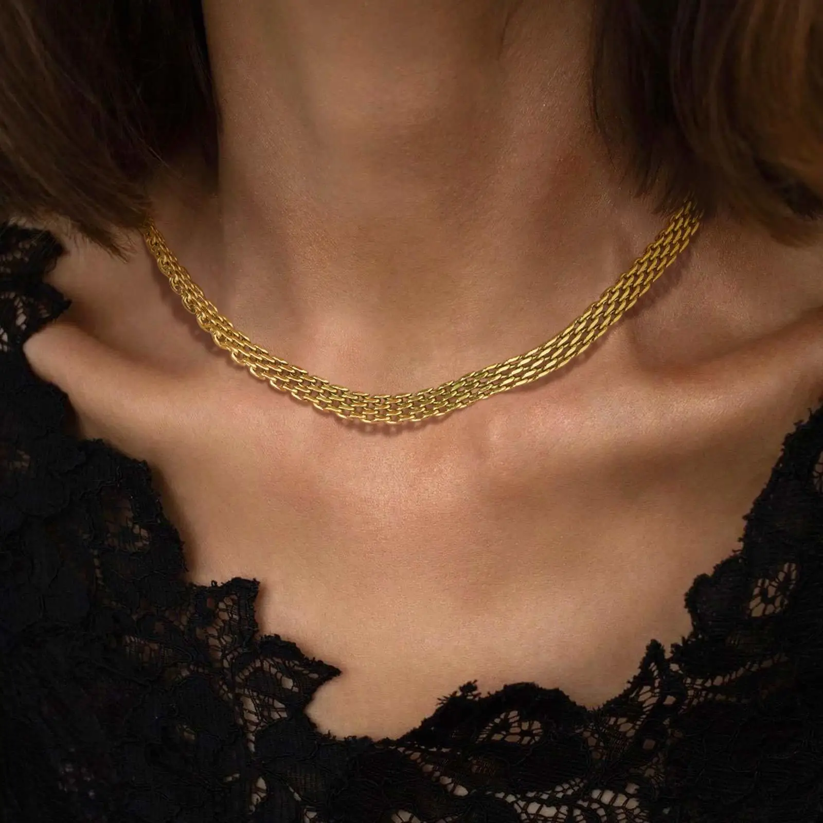 Mesh Necklace Women,18K Gold Plated Link Chain Choker, Minimalist Chunky Wedding Gift