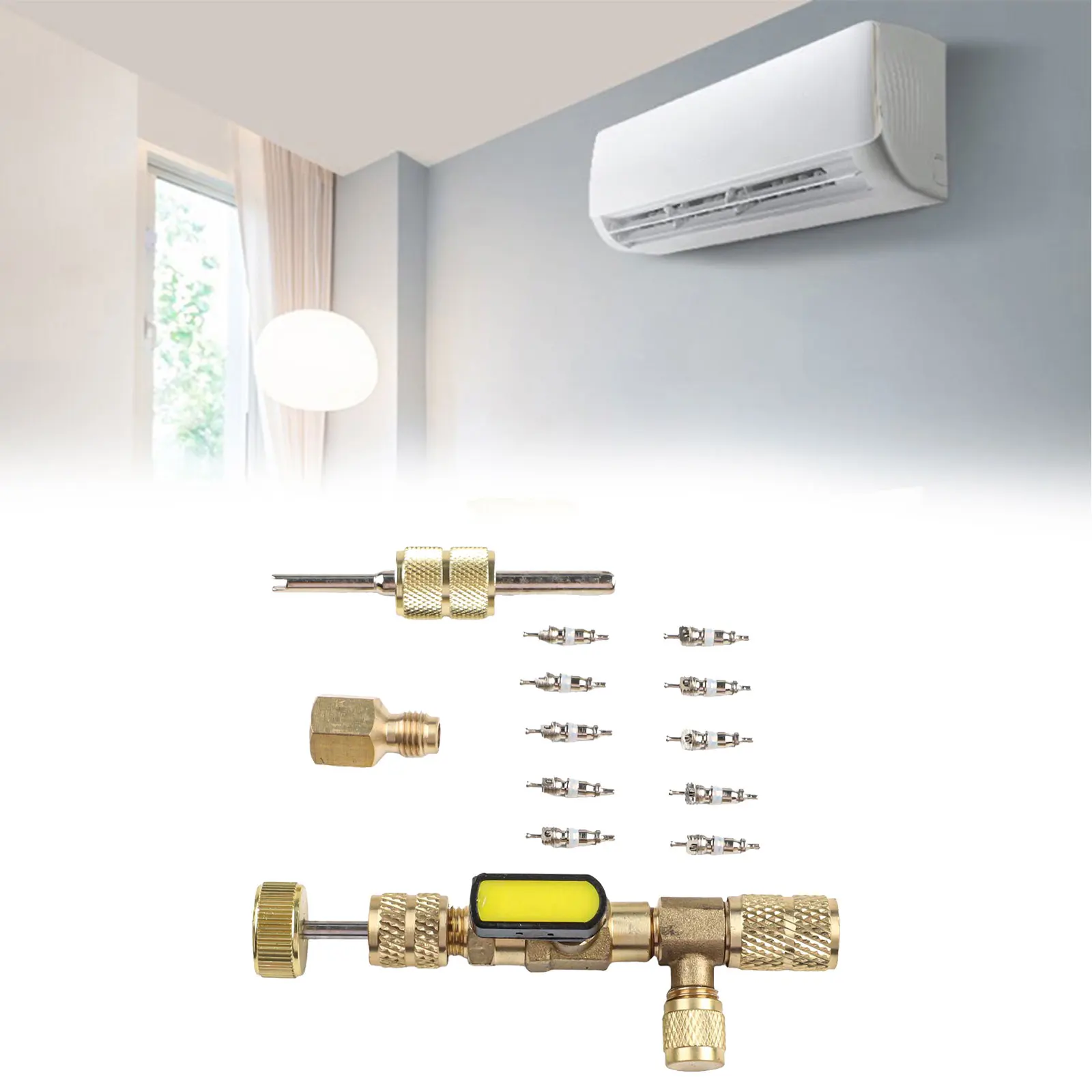 Aluminum Alloy Valve Core Removal Tool for Air Conditioning Includes Brass Adapter and Multiple Valve Cores for Convenience