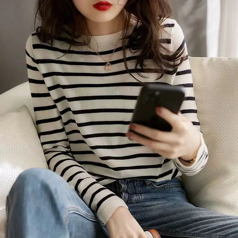 Women Clothing Korean Version Striped Cotton Pullovers Spring Summer Casual Loose O-neck Long Sleeve Sweater All-match Chic Tops