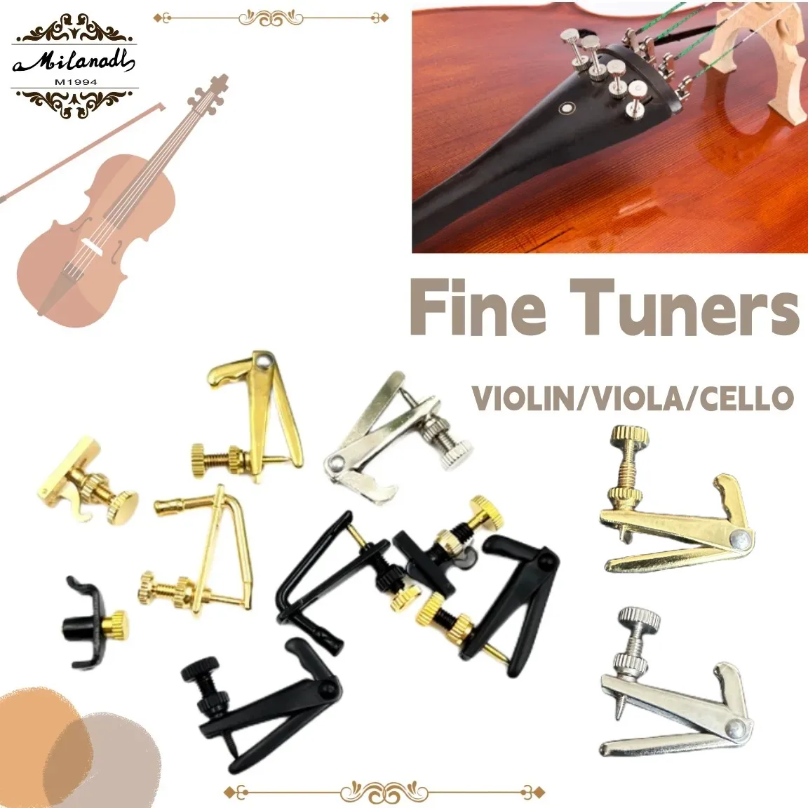 4pcs Violin Fiddler Fine Tuners Spinner Adjuster Strings Hooks 4/4 3/4 1/2 1/4 1/8 Black/ Golden/Silver/ Hill-style,violin parts