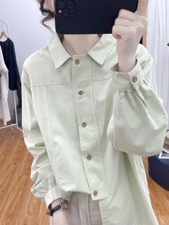 

Свободная женская блузка из чистого хлопка с длинным рукавом и винтажным воротником, базовый слой, осенняя модная одежда в корейском стиле, новинка 2025 года